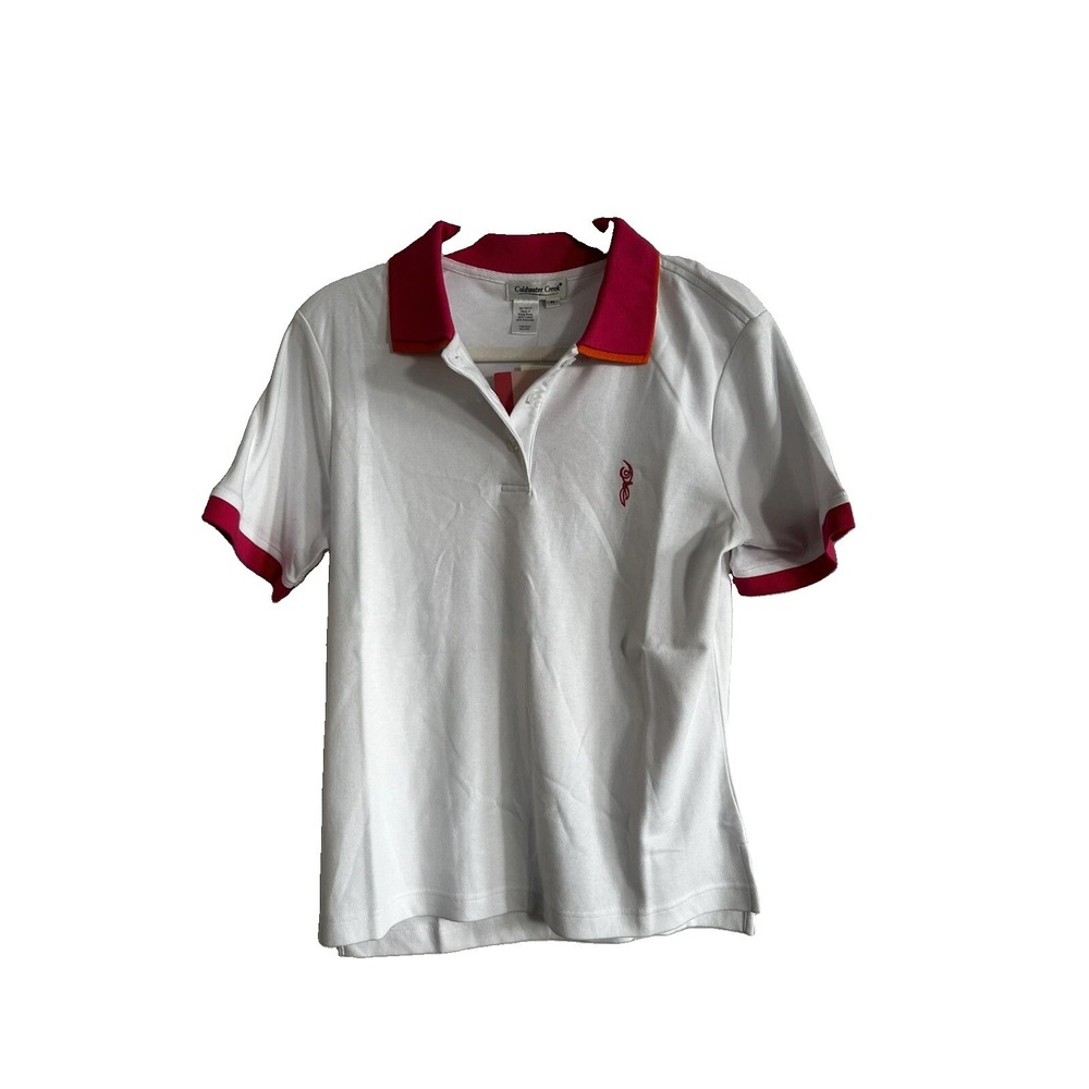 NWT Coldwater Creek Womens M White Pink Polo Shirt Breast Cancer Awareness Golf